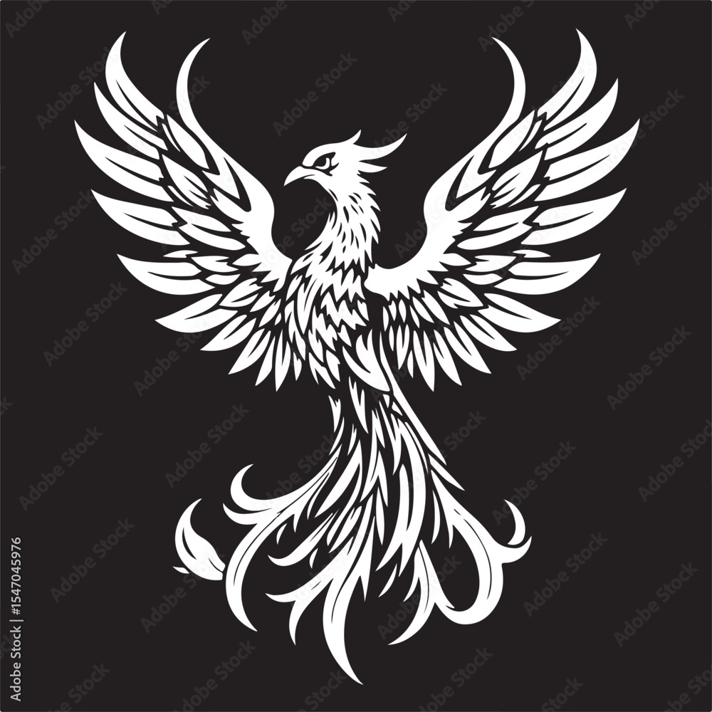 Fototapeta premium Black and white vector art illustration, antique style, of a phoenix silhouette rising in a majestic pose, wings spread, tribal-inspired tattoo design, detailed line art.