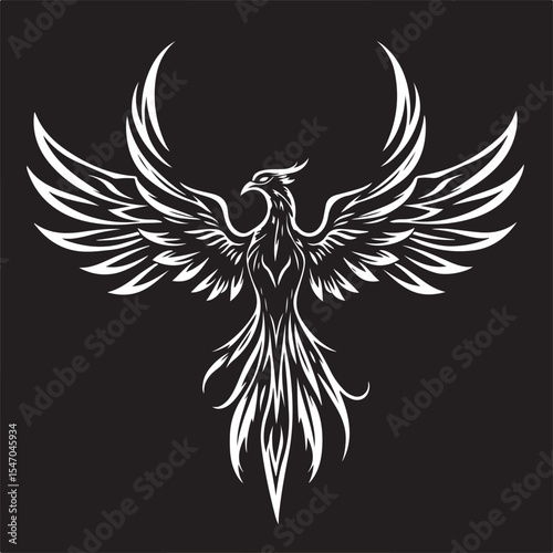Black and white vector art A futuristic sci-fi phoenix silhouette, wings spread, rising majestically. Tribal tattoo style, flames styled as abstract feathers.