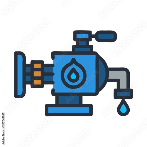 Stylized water faucet dispensing a single vibrant blue droplet