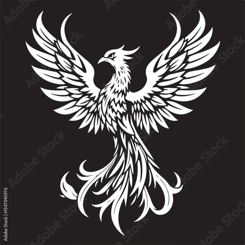 Black and white vector art illustration, antique style, of a phoenix silhouette rising in a majestic pose, wings spread, tribal-inspired tattoo design, detailed line art.