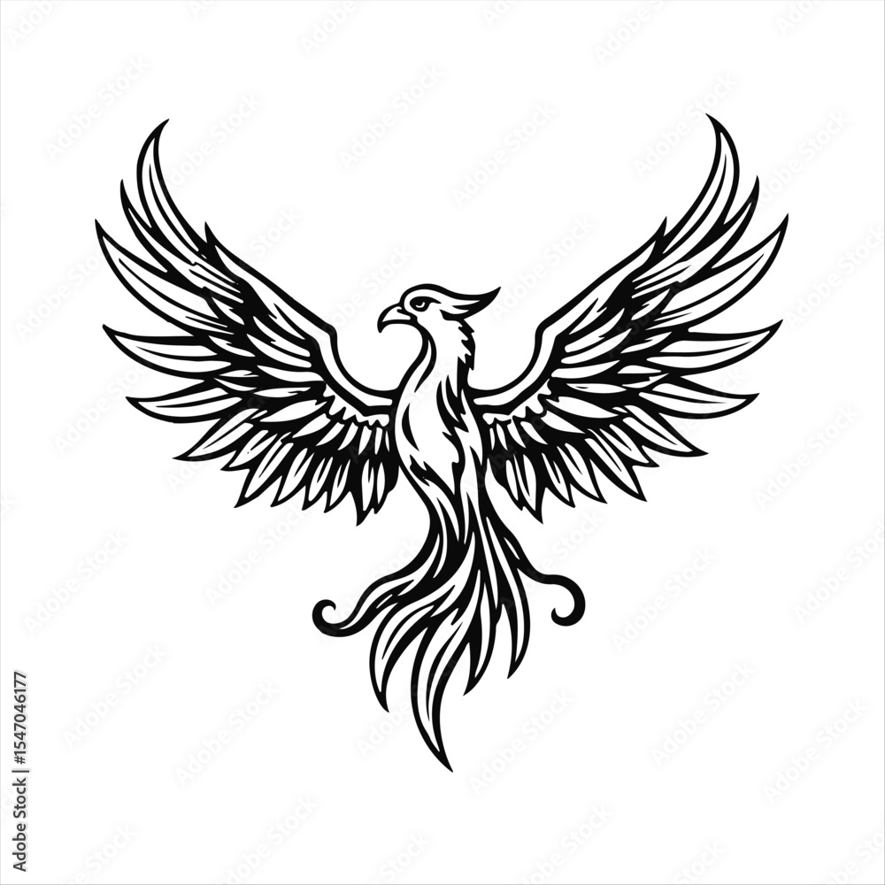 Obraz premium A majestic phoenix silhouette, wings spread, rising from flames rendered as abstract feather shapes, in a classic black and white tribal tattoo style.