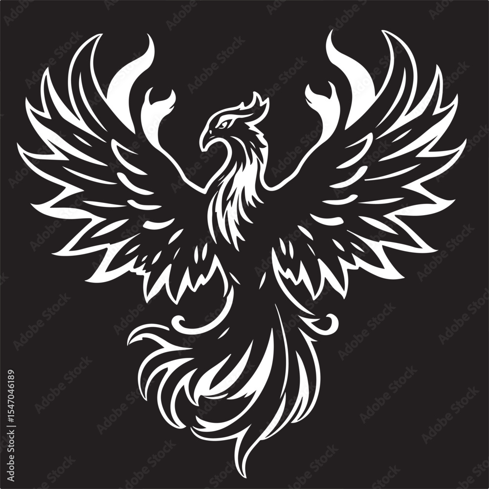 Fototapeta premium Detailed black and white vector art depicts a phoenix silhouette in a majestic pose, wings spread wide. Flames are stylized as abstract tribal-inspired feather shapes.