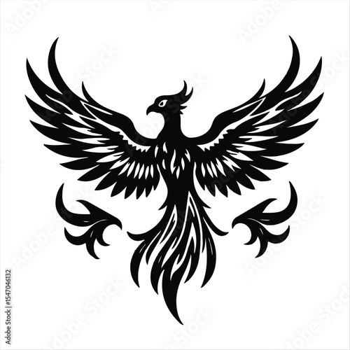 Detailed black and white vector art depicting a phoenix silhouette in a majestic pose, wings spread wide, rising from abstract flame-shaped feathers, tribal tattoo design.