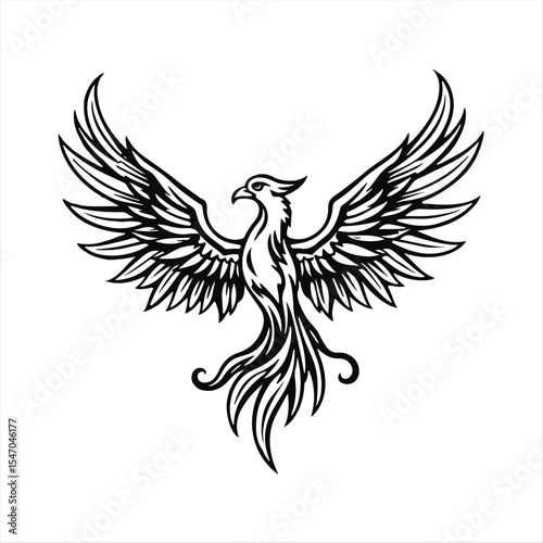 A majestic phoenix silhouette, wings spread, rising from flames rendered as abstract feather shapes, in a classic black and white tribal tattoo style.