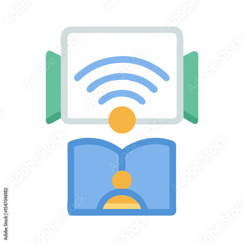 Icon illustrating online learning with book and wifi signal