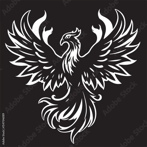 Detailed black and white vector art depicts a phoenix silhouette in a majestic pose, wings spread wide. Flames are stylized as abstract tribal-inspired feather shapes.