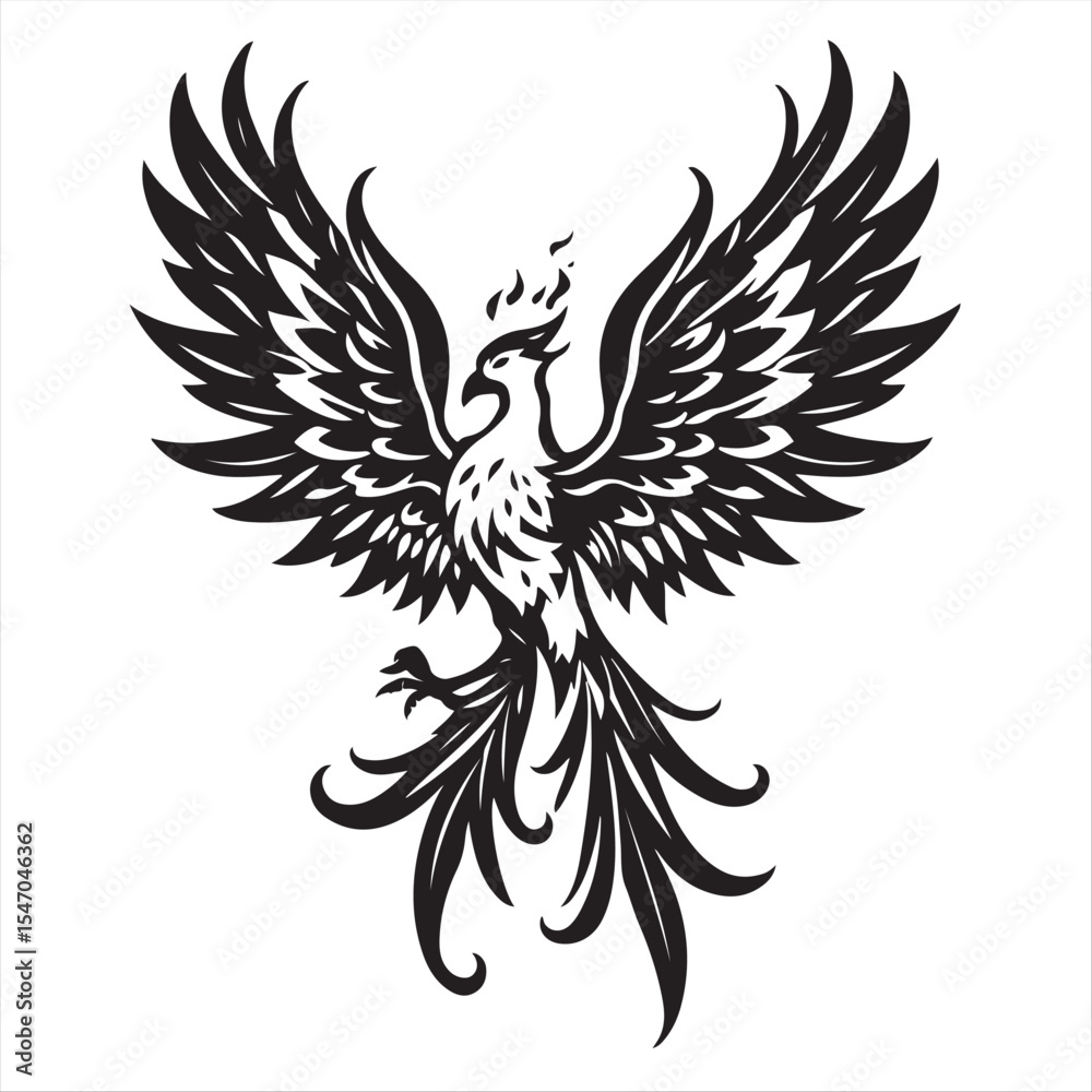 Obraz premium High-resolution stock photo A classic black and white silhouette of a majestic phoenix rising, wings spread wide, flames forming abstract feather shapes. Tribal-inspired tattoo design, detailed vector