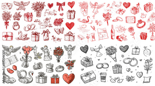 Romantic hand-drawn illustrations of gifts, hearts, flowers, swans, and cupids in red and black tones. Perfect for Valentine's Day, love themes, wedding, or romantic greeting designs.