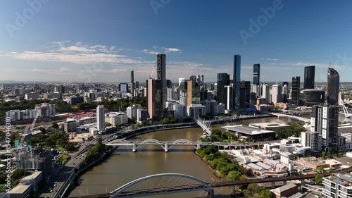 Brisbane CBD, Queensland, Australia: 4K Aerial Drone Footage of Modern City Skyline, Skyscrapers, Brisbane River, Bridges, Highway, South Bank, Waterfront and Parklands