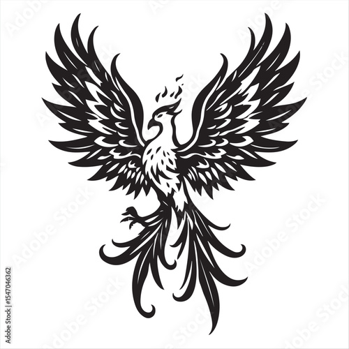 High-resolution stock photo A classic black and white silhouette of a majestic phoenix rising, wings spread wide, flames forming abstract feather shapes. Tribal-inspired tattoo design, detailed vector