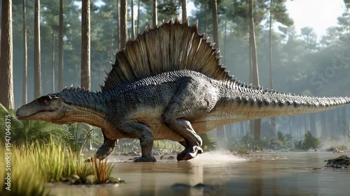 Dimetrodon in Wilderness: a Dimetrodon, a sail-backed predator, strides confidently through a serene, reflective pond in a primeval forest. The scene evokes the mystery of the ancient world.