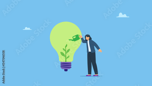 Smart businesswoman watering seedling sprout growing inside green lightbulb idea. Symbolizes ecology and sustainable business, green idea or protection against world climate change, environmental care