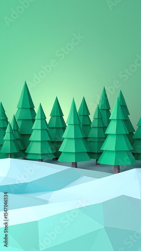 A vibrant green background features a collection of low poly trees, showcasing angular shapes and bright colors, creating a whimsical, stylized forest scene.
