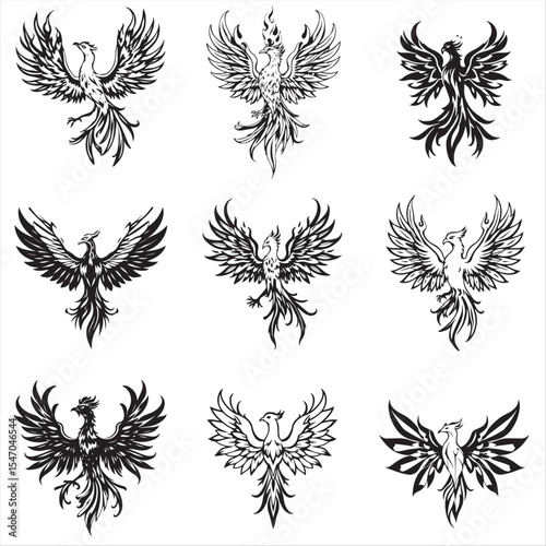 set of black silhouettes of Mythical Phoenix Rising tattoo
