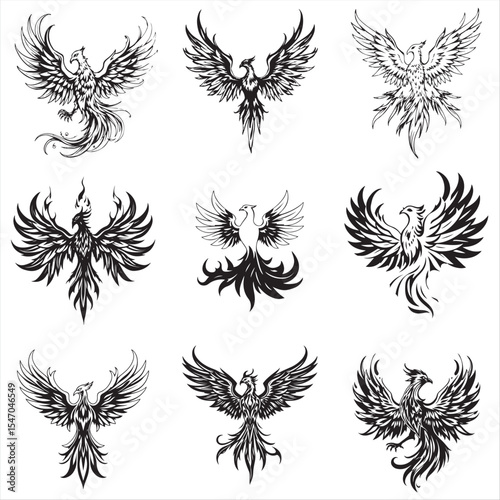 set of black and white Mythical Phoenix Rising
tattoo