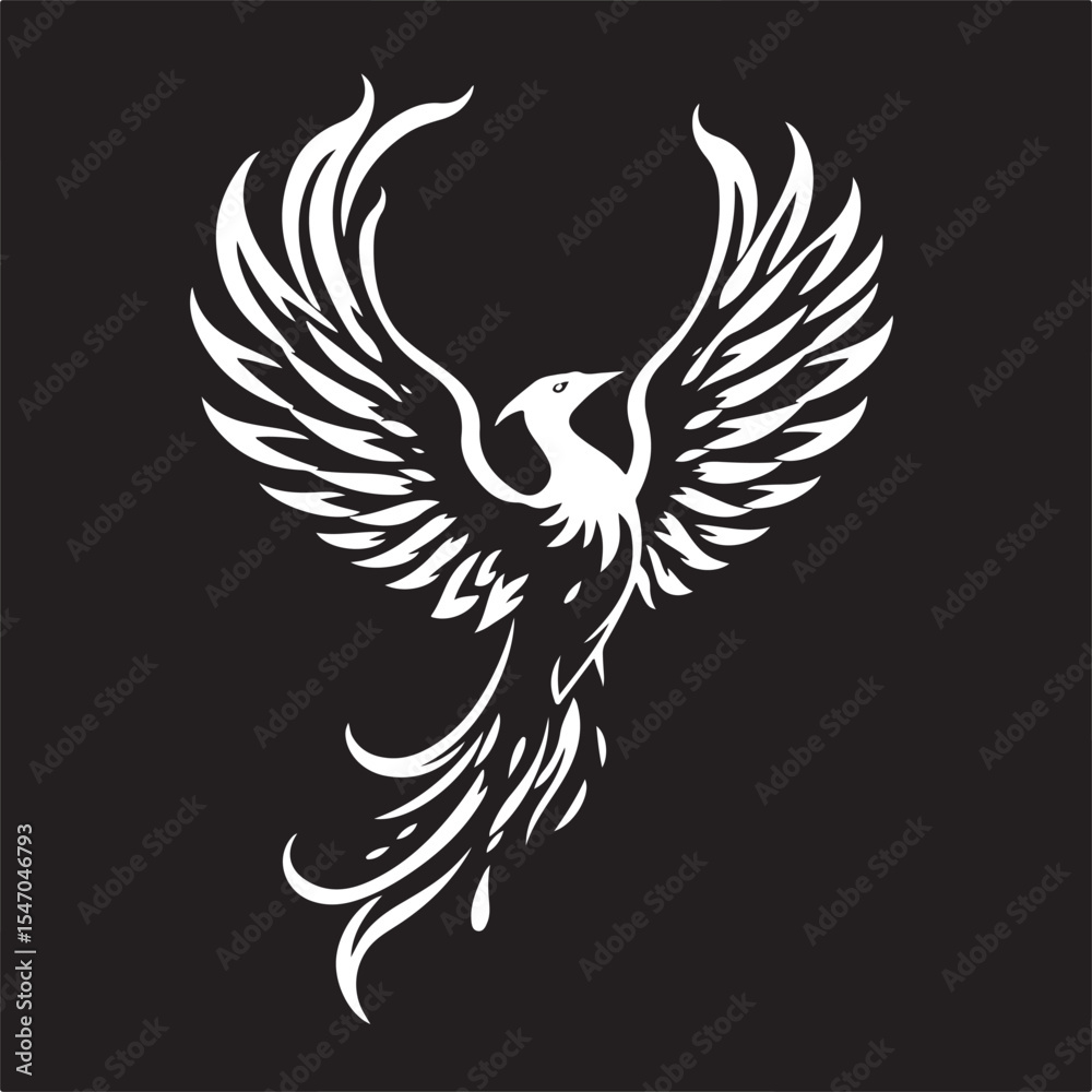 Obraz premium Timeless and elegant black and white silhouette of a phoenix rising, wings spread wide. Flames are depicted as abstract tribal feather shapes in a detailed vector art style. Classic flat design.