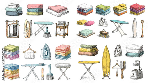 Watercolor illustrations of laundry items including ironing boards, irons, folded clothes, hangers, and cleaning tools. Perfect for household, cleaning, or home organization themes.