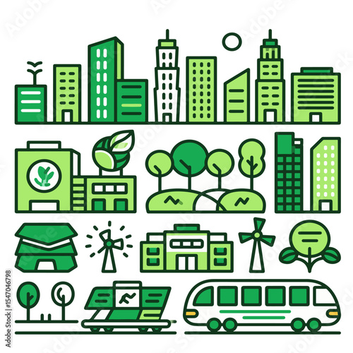 Modern buildings, electric cars, renewable energy, and green spaces shown in an eco urban environment as a Green city icon with sustainable elements.