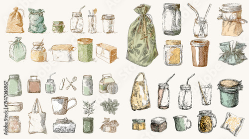 Watercolor zero waste illustrations of jars, fabric bags, cups, and eco-friendly containers in soft earth tones. Ideal for sustainability, recycling, and eco-conscious lifestyle designs.