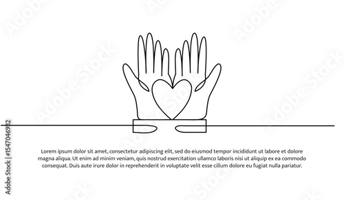 One line hand holding heart. Abstract minimal continuous line.