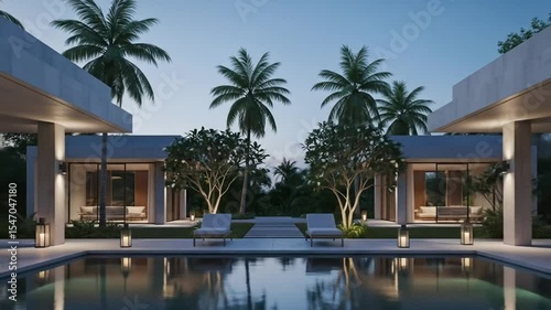 Luxury modern villa with seamless indoor outdoor living and pool at dusk with palm trees