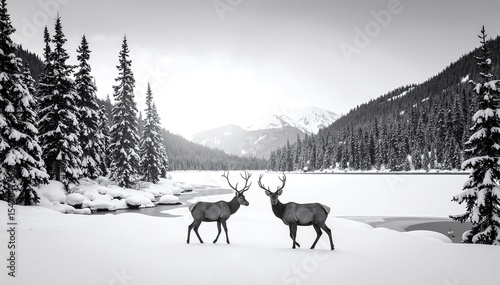 Two graceful deer stand amidst a serene snowy landscape, their soft fur contrasting against the white blanket of snow, surrounded by frosted trees.