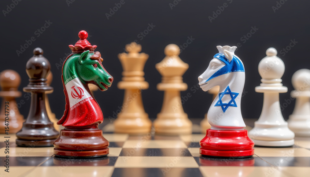 Naklejka premium Chess knight pieces with national flag colors facing each other chessboard, symbolizing geopolitical tension and strategic