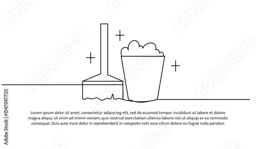 One line bucket And broom. Abstract minimal continuous line.