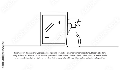 One line cleaning window glass using spray. Abstract minimal continuous line.