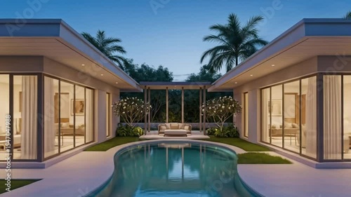 Wallpaper Mural Luxury modern home with glass walls and pool area at twilight Torontodigital.ca