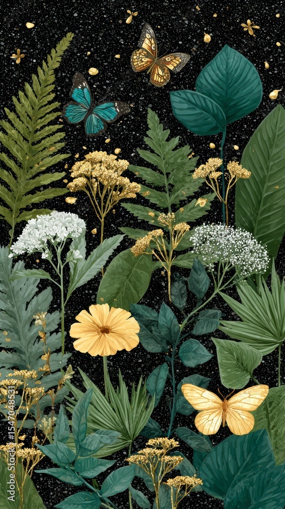 Obraz premium Elegant Botanical Illustration Butterflies Flowers Gold on Black