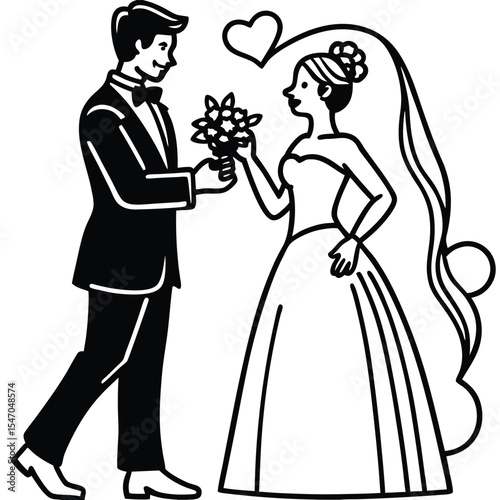 Romantic Wedding Couple Illustration Groom Giving Bride Bouquet