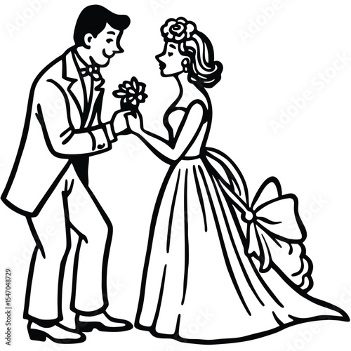 Vintage Illustration of a Couple's Wedding Day Romance