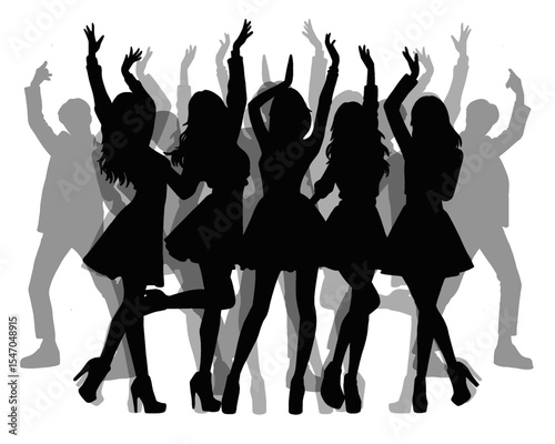 Silhouette of female idol group, group of beautiful women dancing and partying, icon isolated on white background
