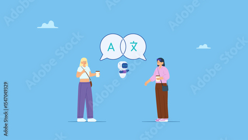 AI robot help people communicate by converting foreign international language symbols. Language learning, translation or international communication, global or multilingual education.