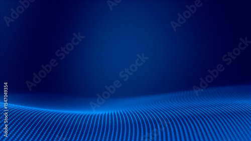Abstract technology particles mesh background featuring glowing blue dots forming a flowing digital wave. Represents data, network, or futuristic concepts on a dark blue backdrop. 3D render