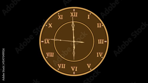 Watch face black gold hands Roman numerals 6 o'clock hands in motion black screen. Computer graphics.
