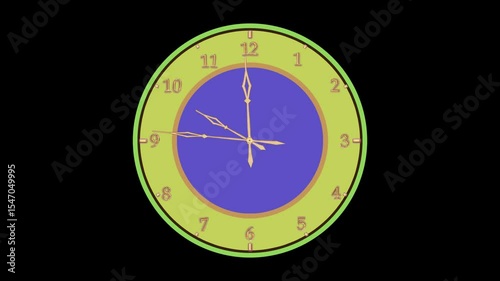 The watch face is yellow with blue with green hands neon Arabic numerals 10 o'clock green screen. Computer graphics.