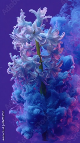 White hyacinth flower with vibrant blue and purple smoke design