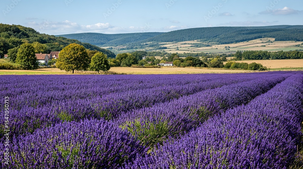 Naklejka premium Lavender field stretches across a landscape.