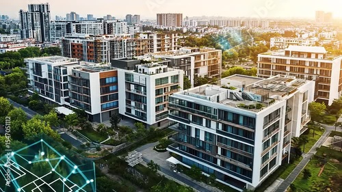 Modern residential buildings surrounded by greenery in an urban setting with a sunset backdrop