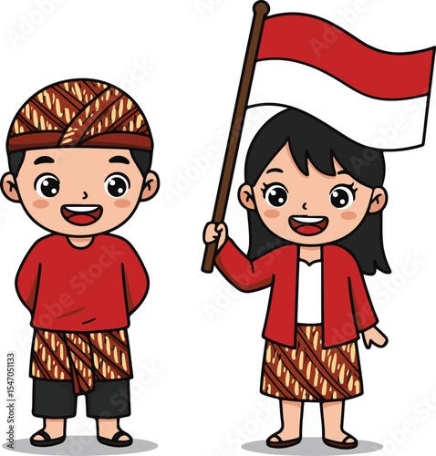 Cartoon boy and girl in batik costume with Indonesian flag