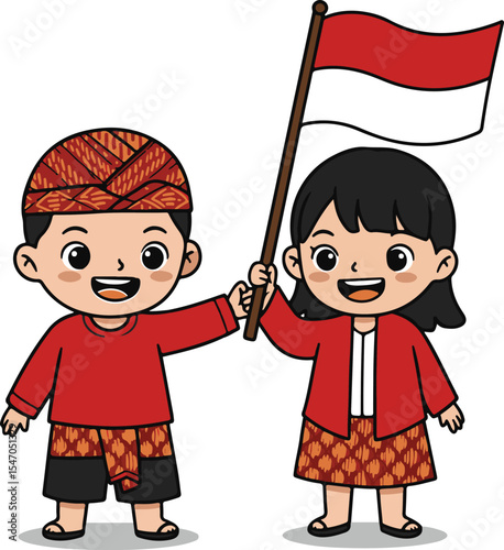 Indonesian kids holding flag in traditional costume