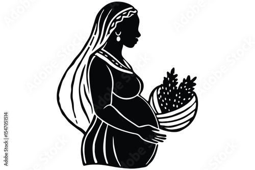 Elegant Silhouette of a Pregnant Woman Holding a Basket of Fruit