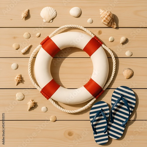 Top-down flat-lay of red-white lifebuoy ring with seashells on light wooden surface, summer-themed design for Japan Marine Day or beach travel promotions
