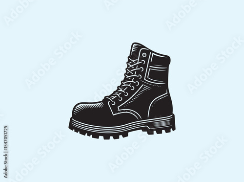 A rugged work boot featuring a thick, high-traction sole, reinforced toe cap, and prominent lace structure, designed for durability and heavy-duty protection