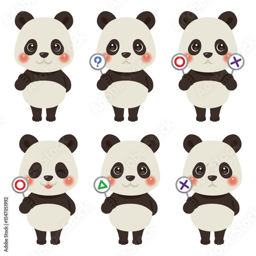 ○×△の札を持ったパンダのキャラクターイラストセット
