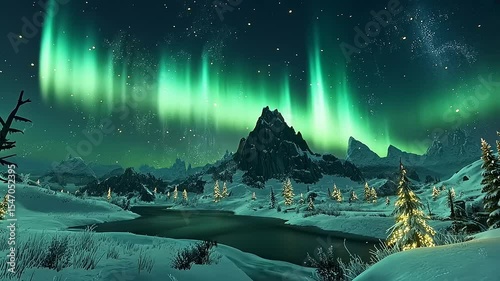 Majestic northern lights illuminate a snowy mountain landscape with a tranquil river and pine trees