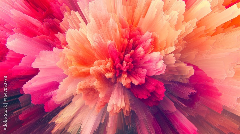 Obraz premium 16.A mesmerizing abstract image with a central floral shape surrounded by vibrant hues of pink, red, and orange, with bold, jagged digital extrusions spreading outward.