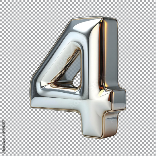 3d silver color letter 4 isolated on a transparent background.